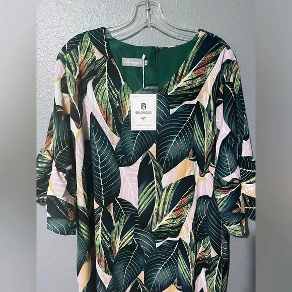 NWT Belongsci Green Tropical Floral Leaf Shift Dress XL Bell Sleeves Lined TWE - Picture 2 of 6